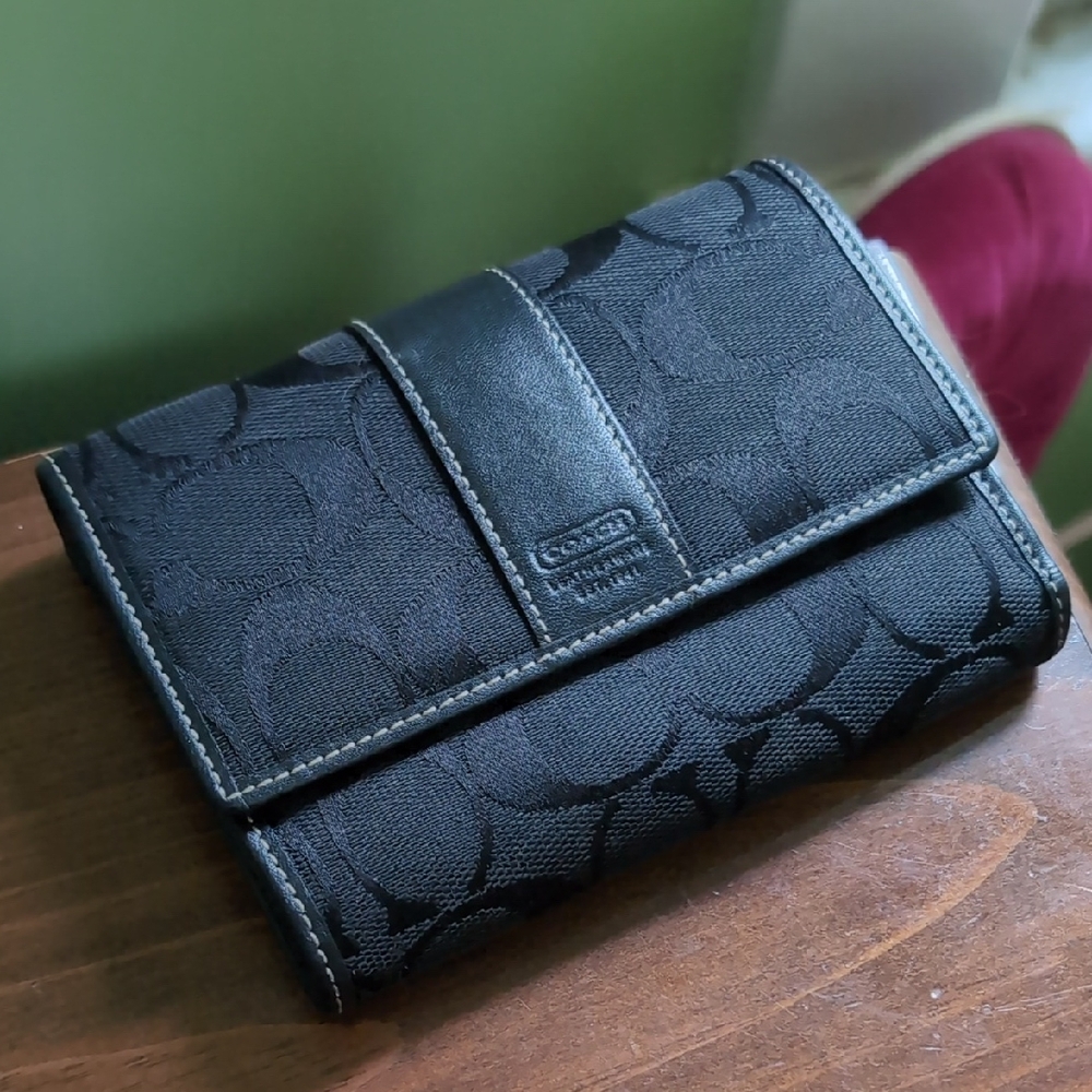Coach Signature Black Trifold Wallet Leather and Canvas